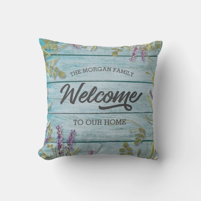 rustic turquoise floral welcome family  throw pillow (Front)