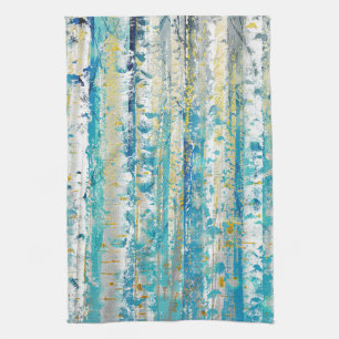 Rustic Turquoise Grey and Gold Birch Trees Kitchen Towel