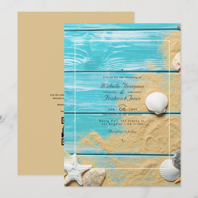 Rustic Turquoise QR Code RSVP Beach Wedding Invitation (Front/Back)