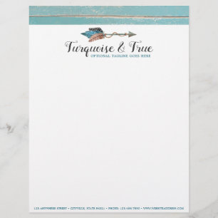 Rustic Turquoise Wood & Feather Arrow Boho Chic Letterhead