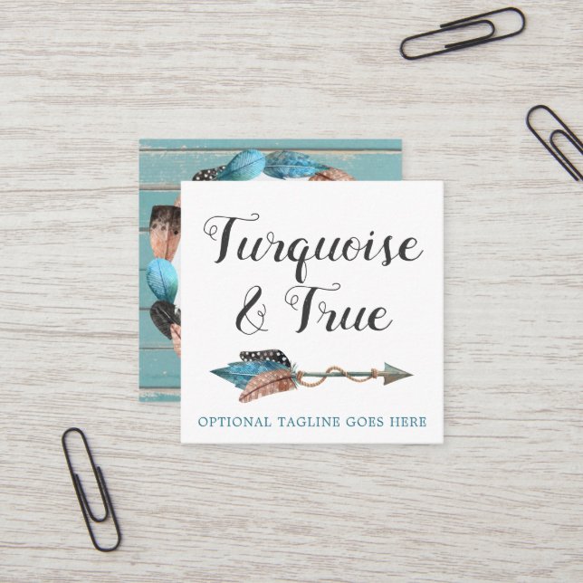Rustic Turquoise Wood & Feather Arrow Boho Chic Square Business Card (Front/Back In Situ)