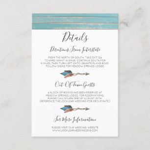 Rustic Turquoise Wood Feather Details / Directions Enclosure Card