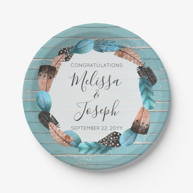 Rustic Turquoise Wood Feather Wreath Boho Wedding Paper Plate (Front)