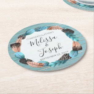Rustic Turquoise Wood Feather Wreath Boho Wedding Round Paper Coaster
