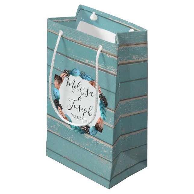 Rustic Turquoise Wood Feather Wreath Boho Wedding Small Gift Bag (Front Angled)