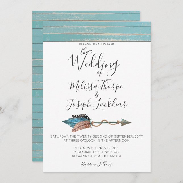 Rustic Turquoise Wood Feathers Wedding Invitation (Front/Back)