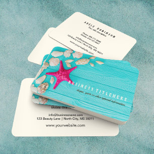 Rustic Turquoise Wood Seashells Hot Pink Starfish Business Card