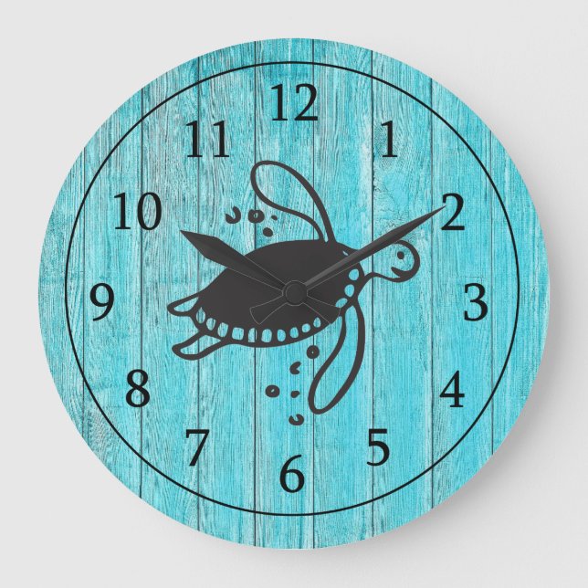 Rustic Turquoise Wood Turtle  Beach  Nautical Large Clock (Front)