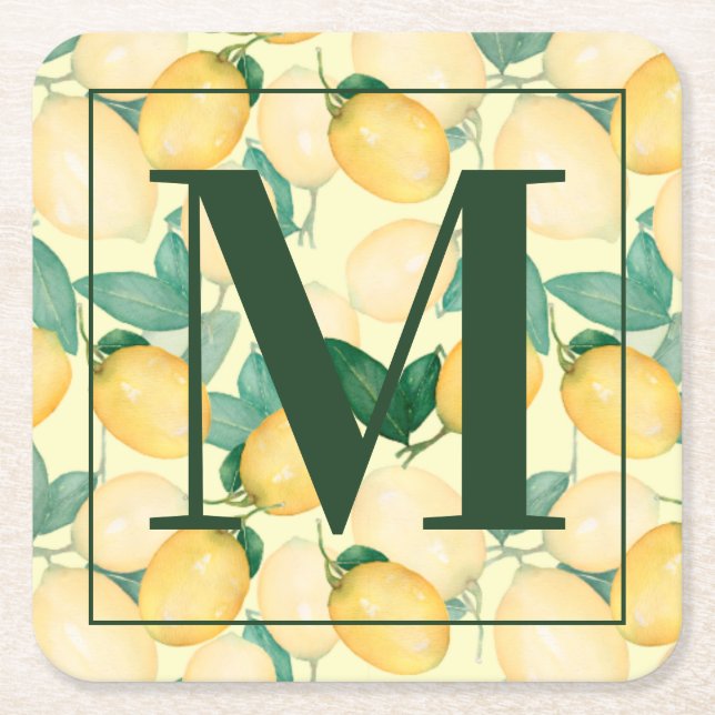 Rustic Tuscan Lemons and Greenery Square Paper Coaster (Front)