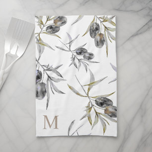 Rustic Tuscan Watercolor Olive Branch Monogram Kitchen Towel