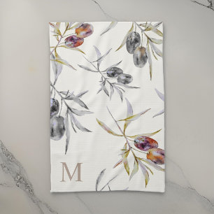 Rustic Tuscan Watercolor Olive Branch Monogram Kitchen Towel