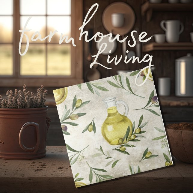 Rustic Tuscany Olives Oil Bottle Watercolors Tile (Creator Uploaded)
