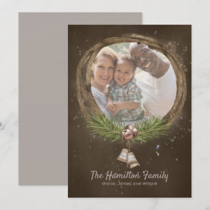 Rustic Twig And Bells Christmas Wreath Holiday Card
