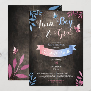 Rustic Twin Boy and Girl watercolor babyshower Invitation