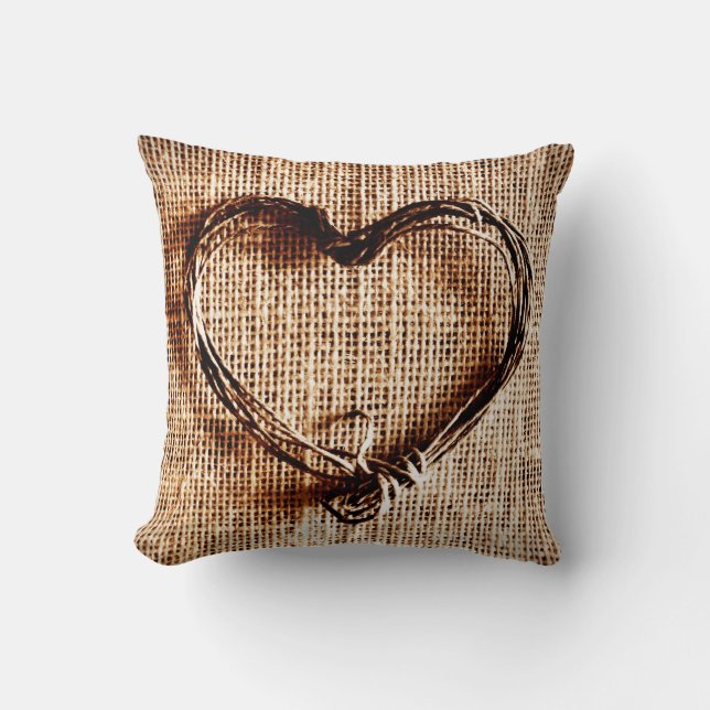Rustic Twine Heart Faux Burlap Jute Country Pillow (Front)