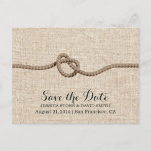 Rustic Twine Knot Burlap Save the Date Announcement Postcard