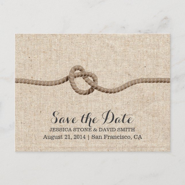 Rustic Twine Knot Burlap Save the Date Announcement Postcard (Front)