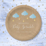 Rustic Twinkle Sprinkle Baby Boy Sprinkle Shower Paper Plate<br><div class="desc">Featuring cute blue clouds and golden stars on strings,  on a rustic kraft boho background,  these pretty paper plates are perfect for a special baby boy sprinkle,  shower or couples shower. Designed by Thisisnotme©</div>