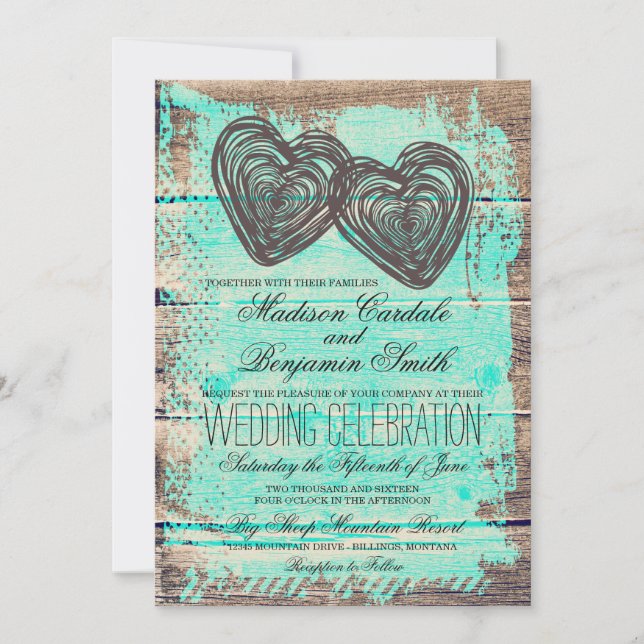 Rustic Two Hearts Barn Wood Aqua Wedding Invites (Front)