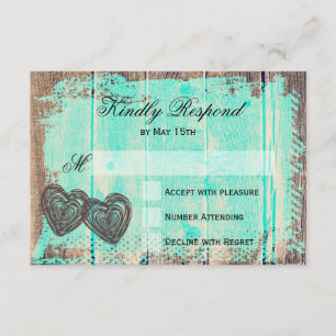 Rustic Two Hearts Wood Aqua Wedding RSVP Cards