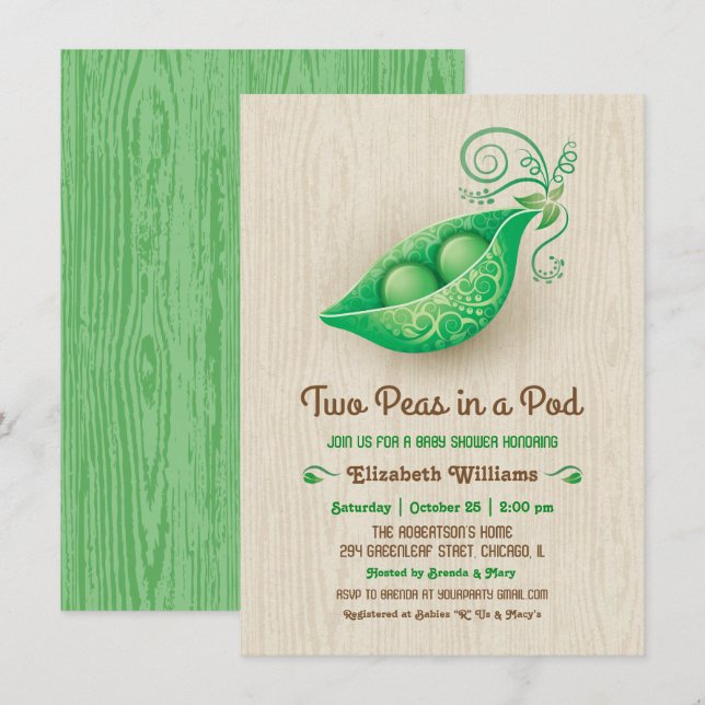 Rustic Two Peas in a Pod Twins Baby Shower Invitation (Front/Back)