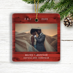 Rustic Typewriter Red Merry and Married Photo Ceramic Ornament