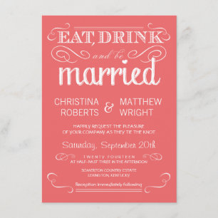 Rustic Typography Coral Pink Wedding Invitations