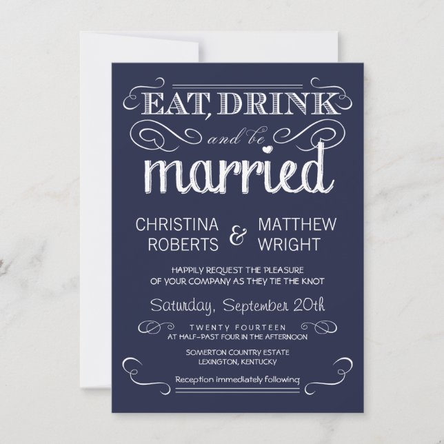 Rustic Typography Navy Blue Wedding Invitations (Front)