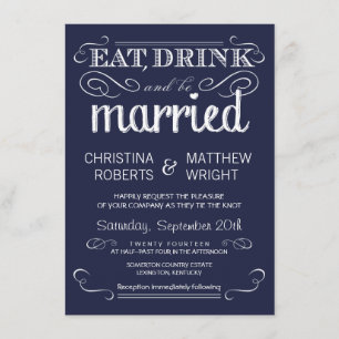 Rustic Typography Navy Blue Wedding Invitations