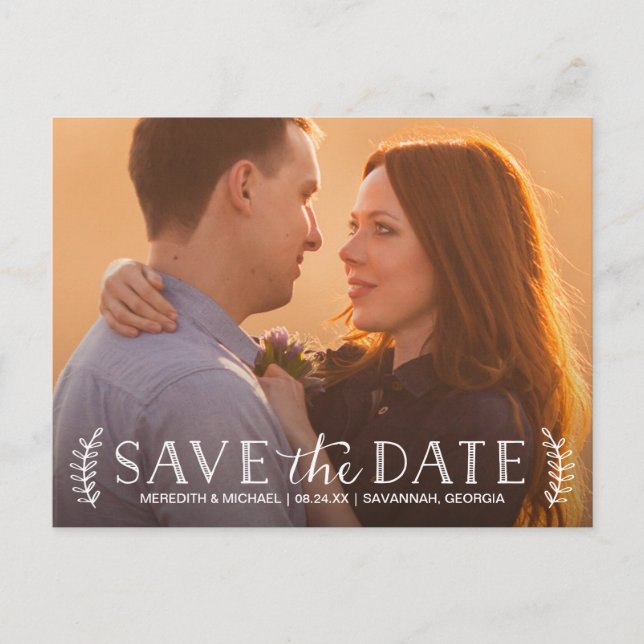 Rustic Typography Overlay Photo Save the Date Announcement Postcard (Front)