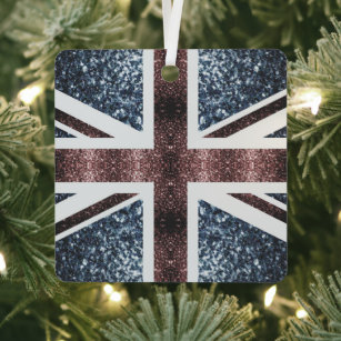 Rustic UK flag red blue sparkles glitters Metal Ornament