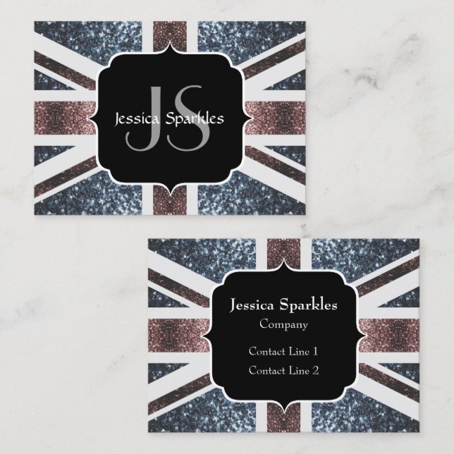 Rustic UK flag red blue sparkles glitters Monogram Business Card (Front/Back)