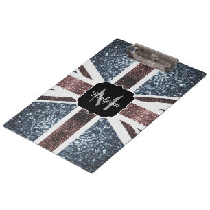 Rustic UK flag red blue sparkles glitters Monogram Clipboard