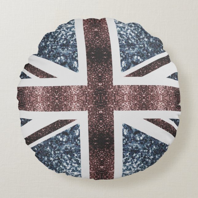 Rustic UK flag red blue sparkles glitters Round Pillow (Front)