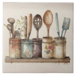 Rustic Utensils Watercolors Fatmhouse Ceramic Tile<br><div class="desc">Rustic country farmhouse watercolors utensils scene used to create this perfect ceramic tile.  Mix and match with other companion tiles to create your own customized look.  Faux stone colour companion tiles are also available to create your pattern.</div>