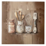 Rustic Utensils Watercolors Faux Wood Ceramic Tile<br><div class="desc">Rustic country farmhouse watercolor utensils scene on a faux wood background.  Mix and match with other companion tiles to create your own customized look.  Faux stone colour companion tiles are also available to create your pattern.</div>