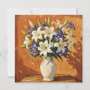 Rustic Vase with Lilies and Iris Flowers Card