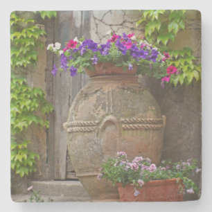 RUSTIC VASE WITH PINK, PURPLE AND WHITE PETUNIAS STONE COASTER