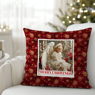 Rustic Victorian Angel Red Gold Holiday Christmas  Throw Pillow