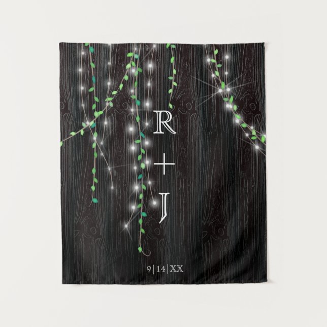 Rustic Vine & Lights Wedding Backdrop Tapestry (Front)