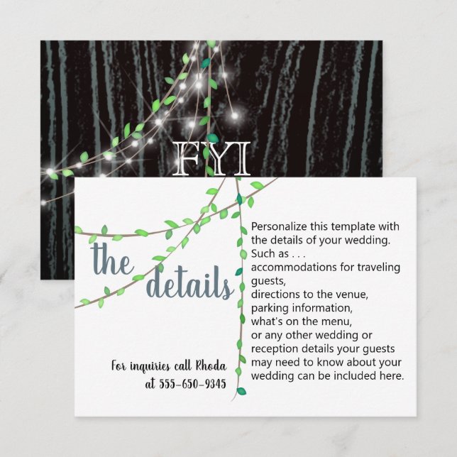Rustic Vine & Lights Wedding Details Card (Front/Back)