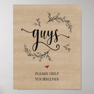 Rustic Vines Wedding bathroom - guys sign