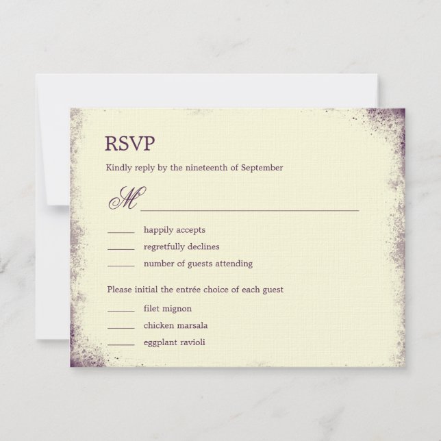 Rustic Vineyard Wedding RSVP With Menu - Purple (Front)