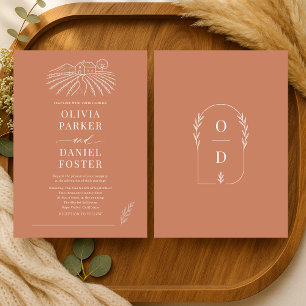 Rustic Vineyard Winery Terracotta Line Art Wedding Invitation