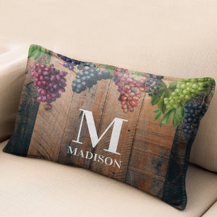Rustic Vineyard Wood & Grapes Monogram Accent Pillow