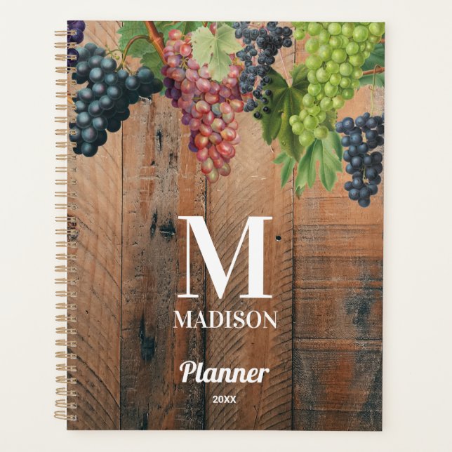 Rustic Vineyard Wood & Grapes Monogram  Planner (Front)