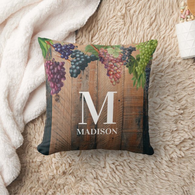 Rustic Vineyard Wood & Grapes Monogram Throw Pillow (Blanket)