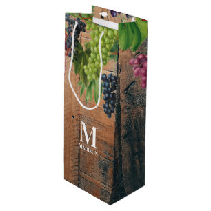 Rustic Vineyard Wood & Grapes Monogram Wine Gift Bag