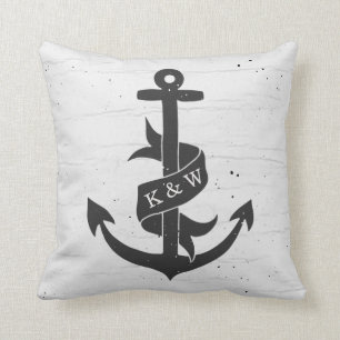 Rustic Vintage Anchor Monogram Pillow