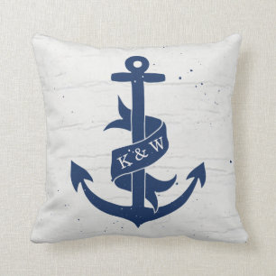 Rustic Vintage Anchor Monogram Pillow / Navy